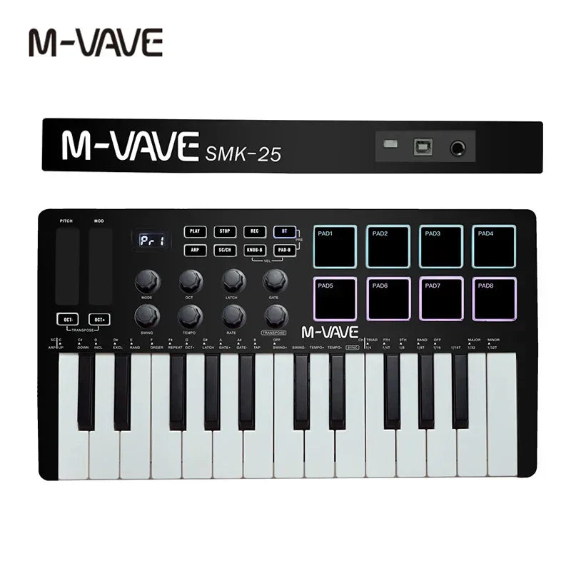 Black m-vave smk-25 midi controller keyboard with white keys and rgb backlit pads portable usb keyboard