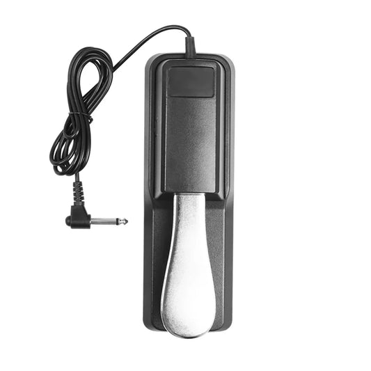 Black and silver piano pedal with coiled cable and 1/4-inch jack for m-vave midi controller keyboard with rgb backlit pads
