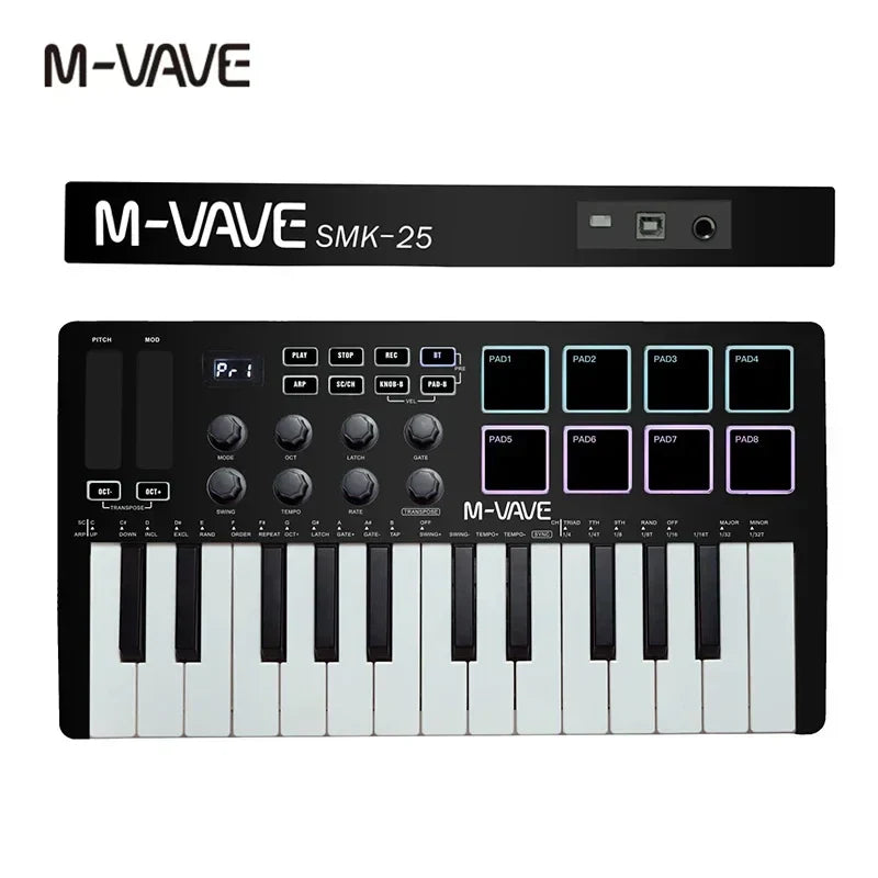 Black m-vave midi controller keyboard 25-key with white and black keys, rgb backlit pads, and portable usb connectivity