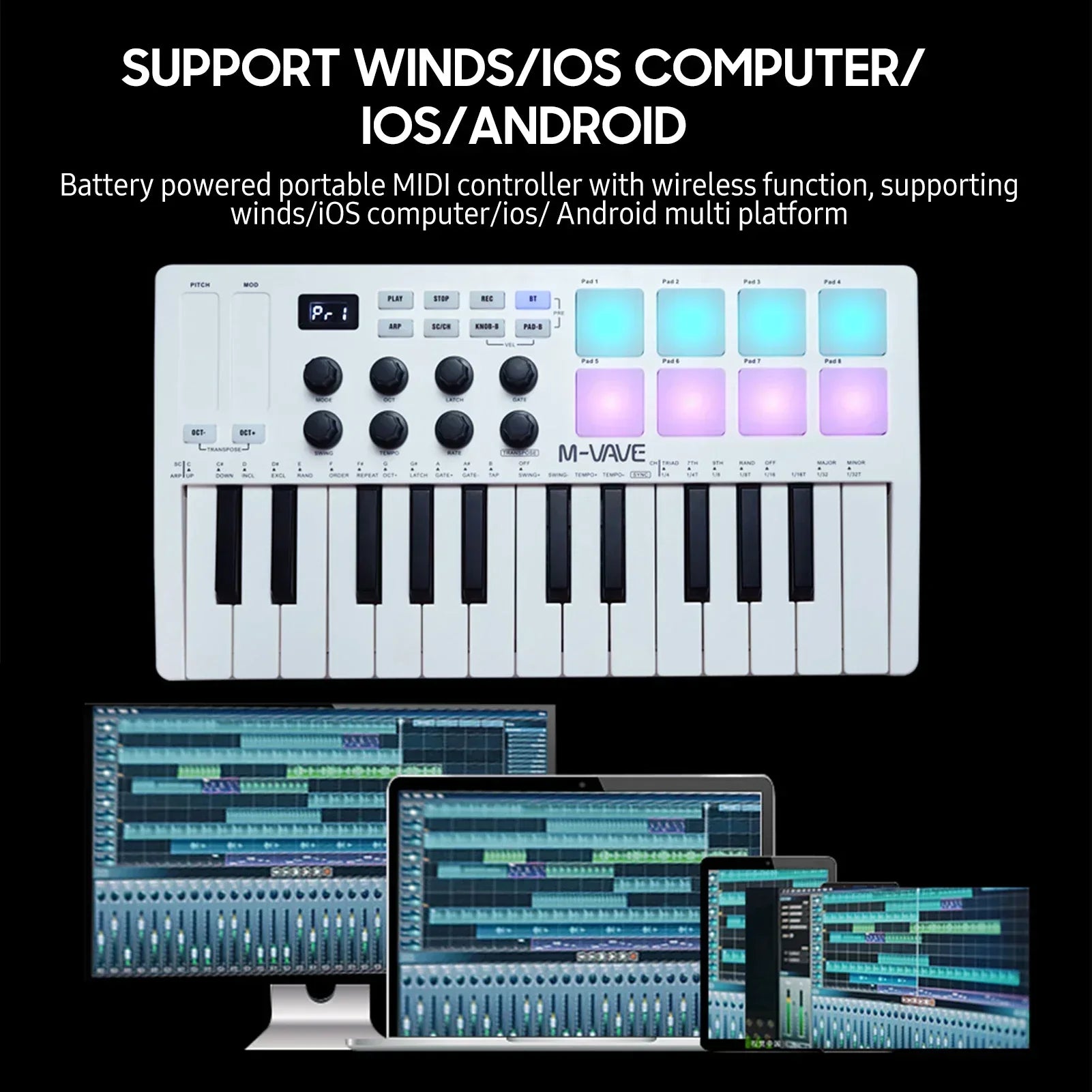 White m-vave midi controller keyboard with 25 keys rgb backlit pads and compact portable usb keyboard design