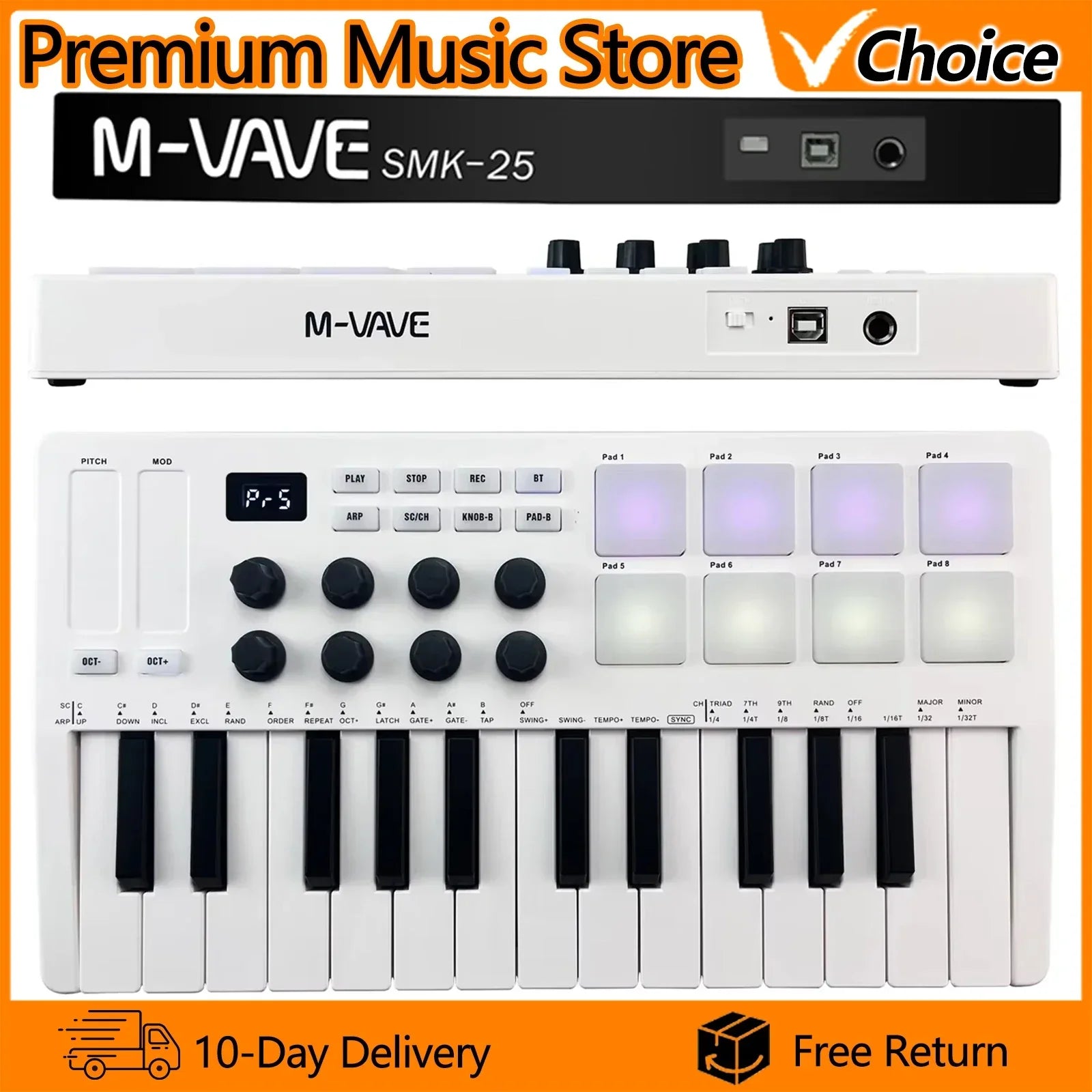 White m-vave smk-25 midi controller keyboard with black keys and 8 rgb backlit pads portable usb keyboard