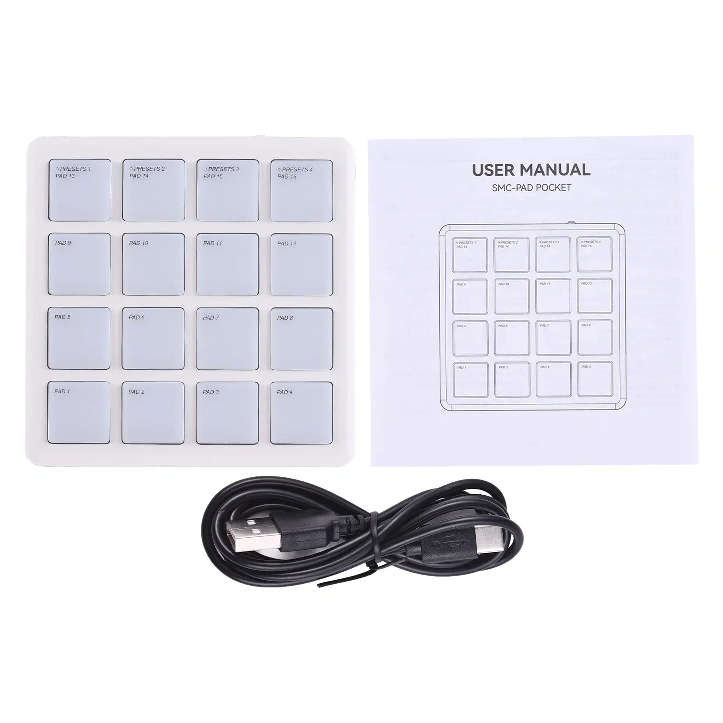 White smc-pad pocket midi controller pad with 16 sensitive rgb backlight keys and usb keyboard machine connection cable