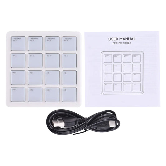 White smc-pad pocket midi controller pad with 16 sensitive rgb backlight keys and usb keyboard machine connection cable