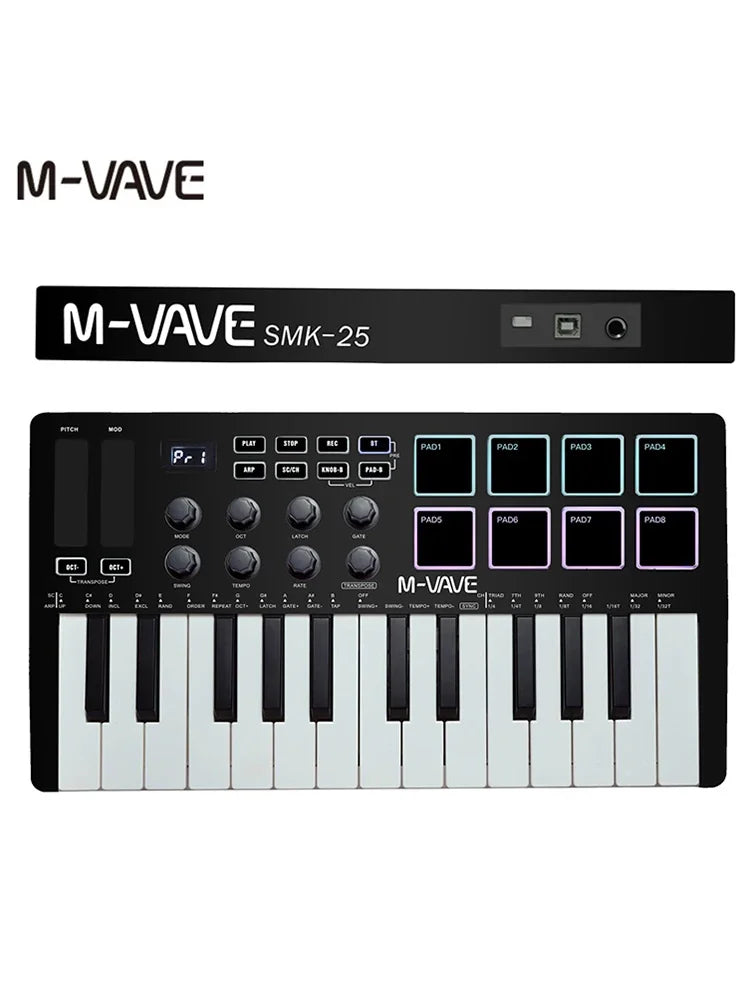 Black m-vave midi pad controller keyboard with 25 keys rgb drum pads 8 knobs and music production software