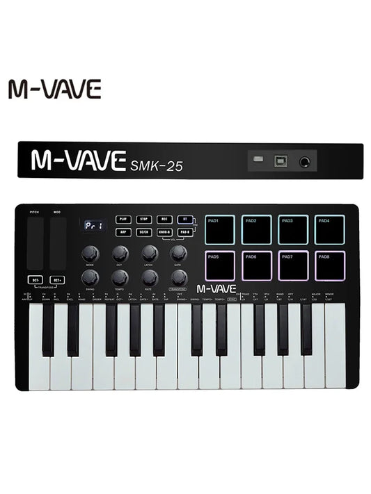 Black m-vave midi pad controller keyboard with 25 keys rgb drum pads 8 knobs and music production software