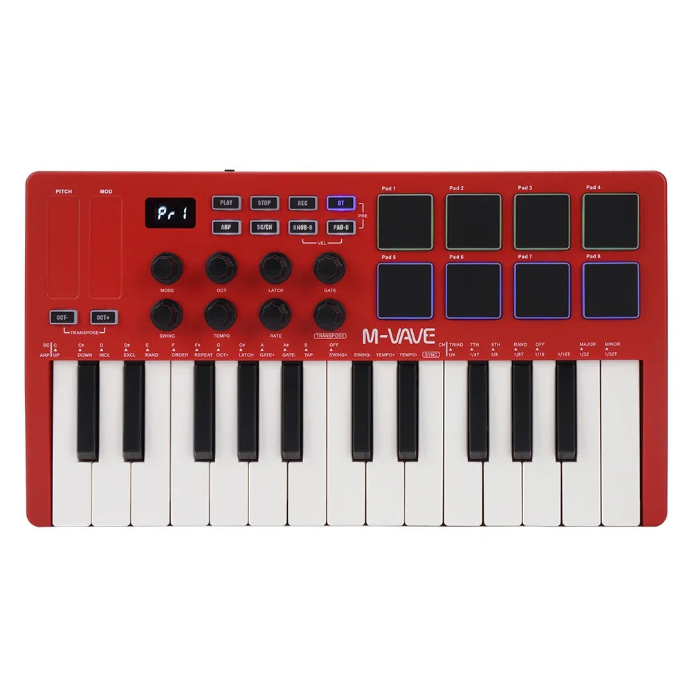 Red m-audio vave 25 midi pad controller keyboard with rgb drum pads and music production software for usb use