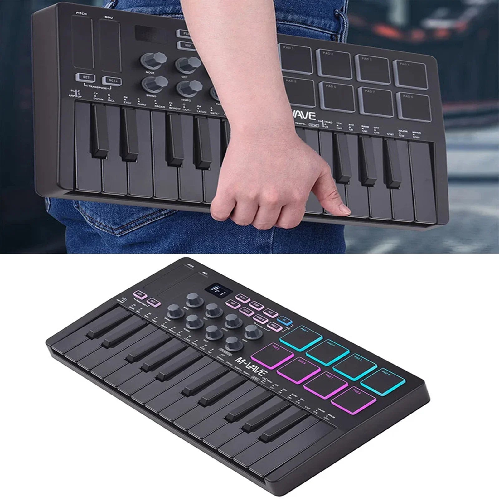 Black m-audio wave midi pad controller keyboard with 25 keys rgb drum pads and music production software integration