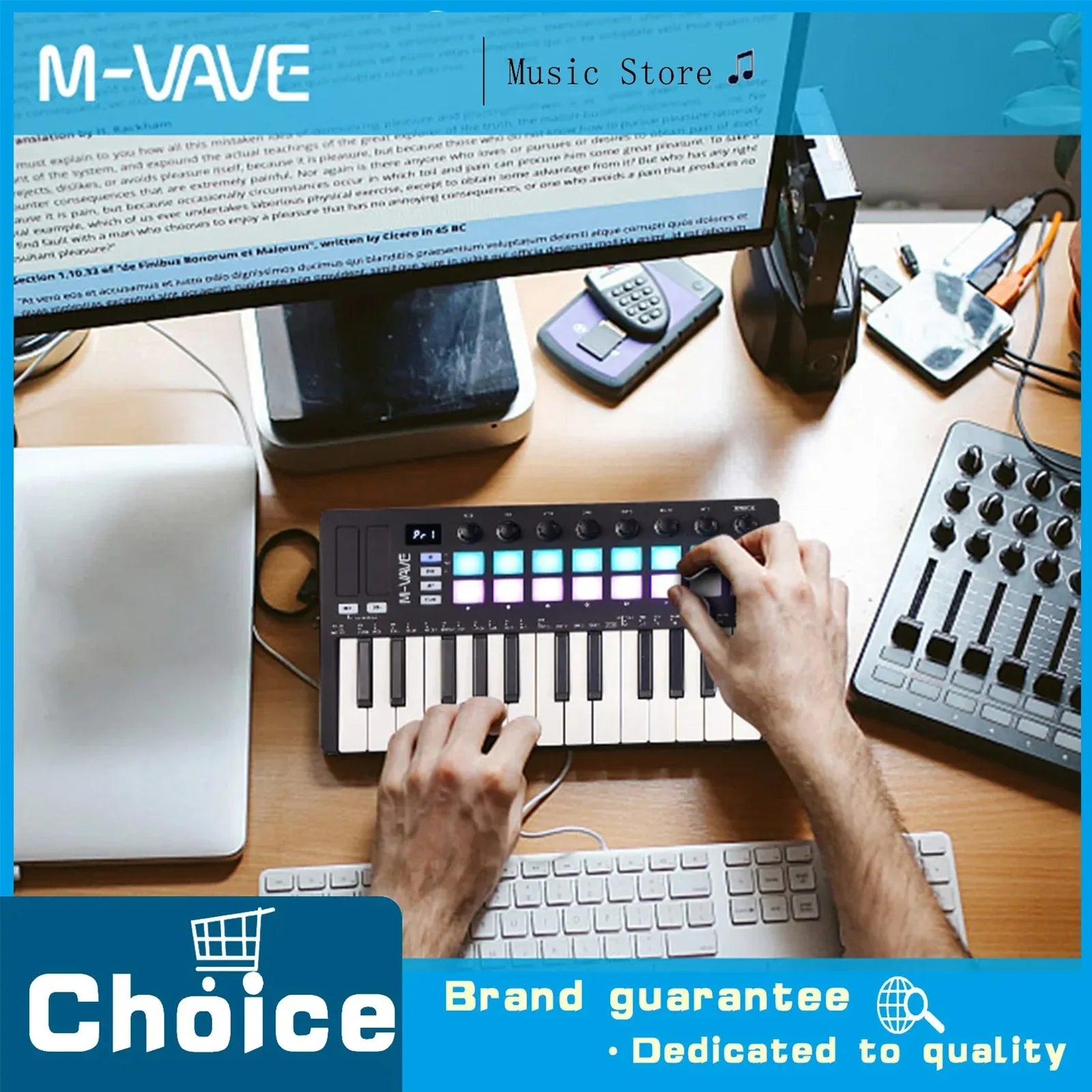 Black m-vave midi pad controller keyboard with white keys illuminated rgb drum pads and assignable knobs for music production software