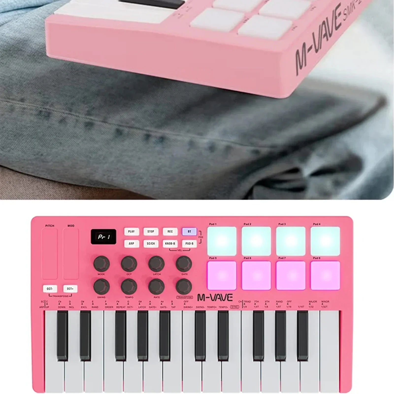 Pink m-wave smk-2 midi pad controller keyboard with rgb drum pads usb 25 key and music production software compatibility