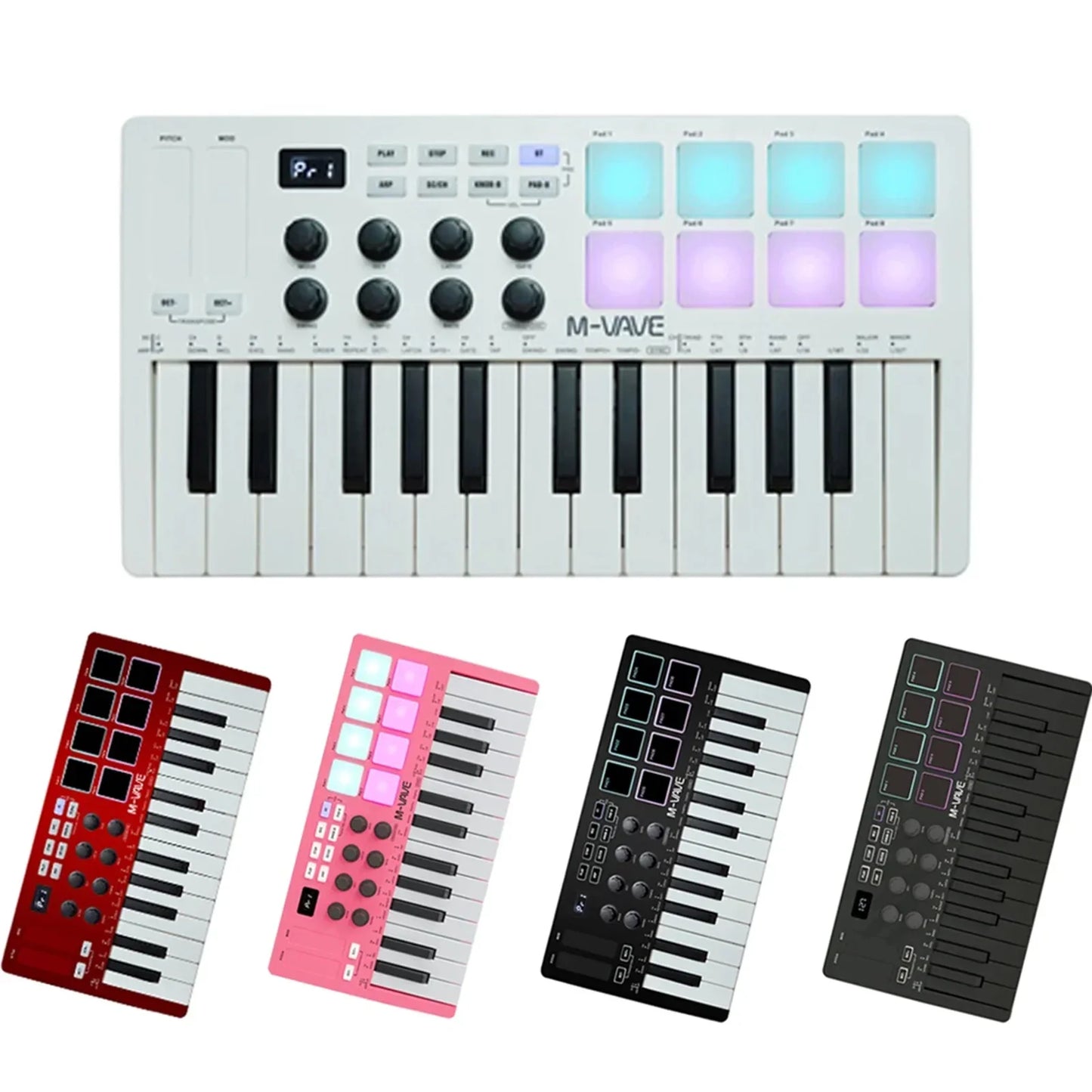 White m-vave midi pad controller with 25 keys, rgb drum pads in blue and purple, and music production software included
