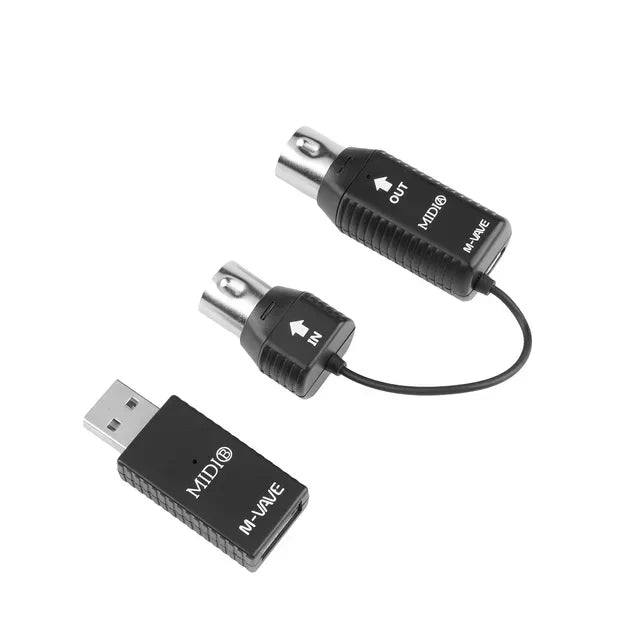 Black midi m-wave usb-to-bnc audio adapter with textured grip and labeled in/out ports for chocolate plus midi controller programmable wireless system