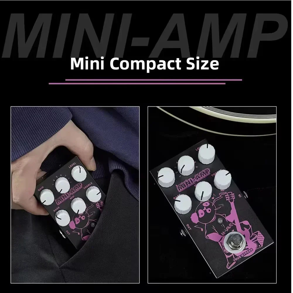 Black m-vave mini-amp guitar preamp simulation effect pedal with pink design white knobs and 3 band eq true bypass