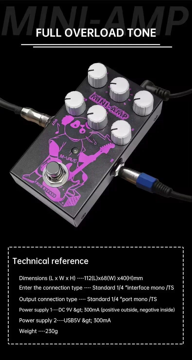 Black m-vave mini-amp guitar preamp simulation pedal with purple cartoon design six silver knobs band eq true bypass