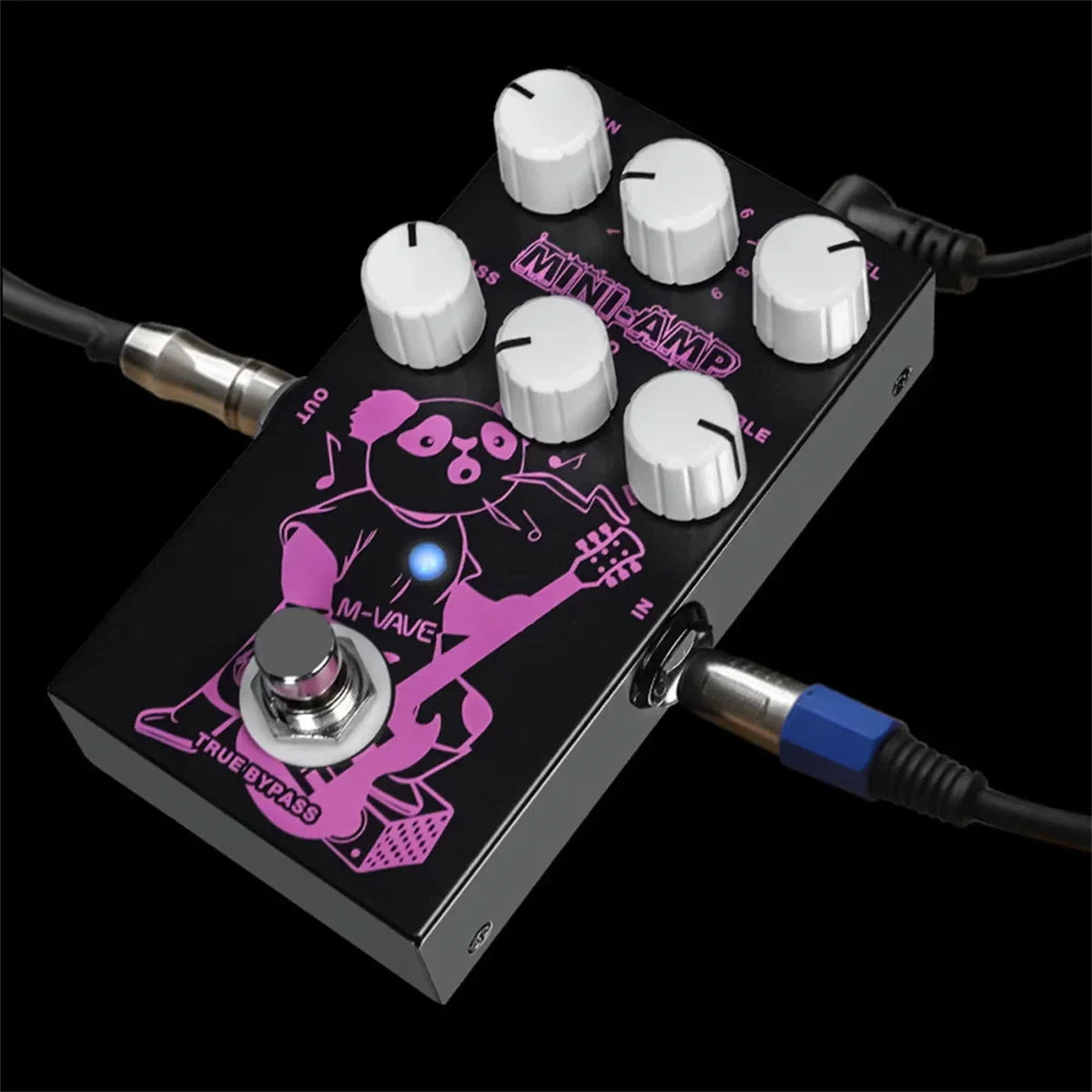 Black m-wave mini-amp guitar preamp simulation effect pedal with pink panda graphic white knobs and band eq true bypass