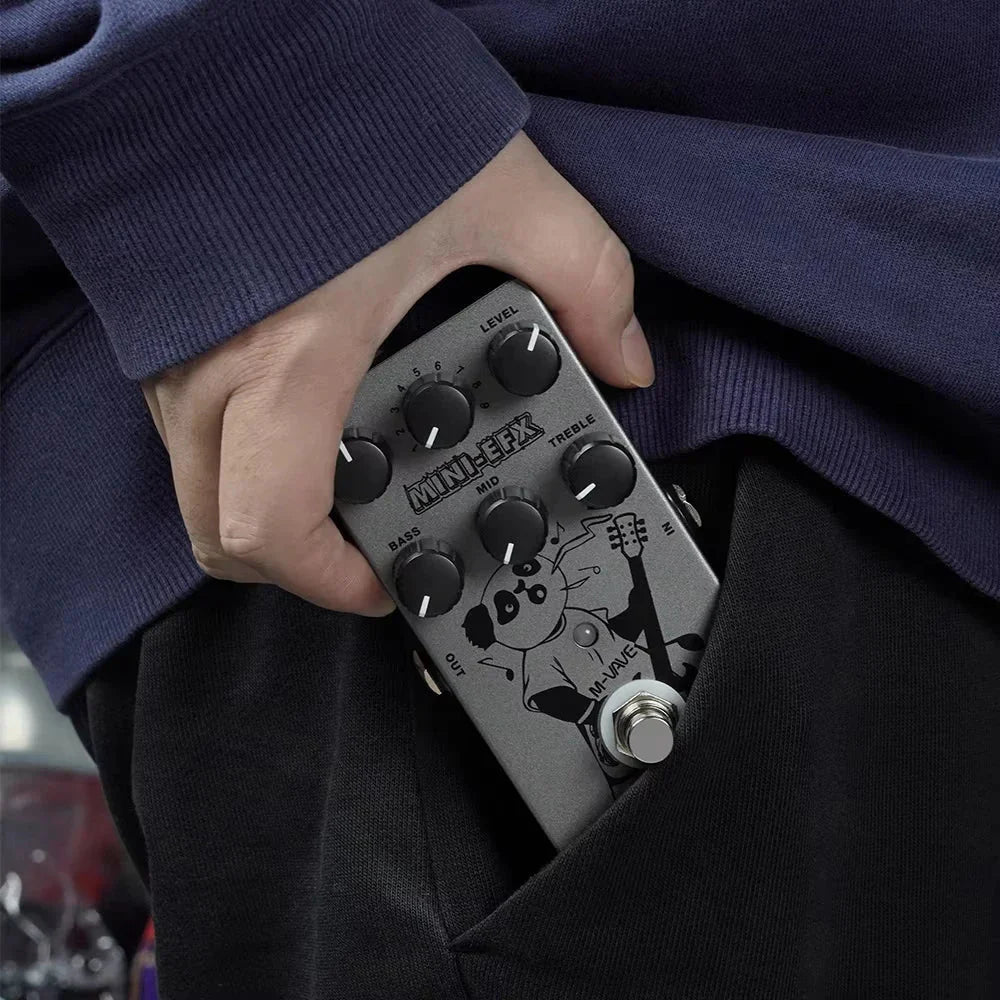 Silver m-vave mini-efx guitar multi-effect pedal with black knobs panda graphic true bypass distortion overdrive three-band eq
