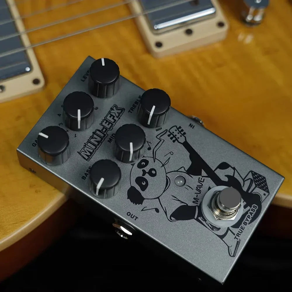 Silver metal m-vave mini-efx guitar multi-effect pedal with black knobs panda design distortion overdrive three-band eq true bypass