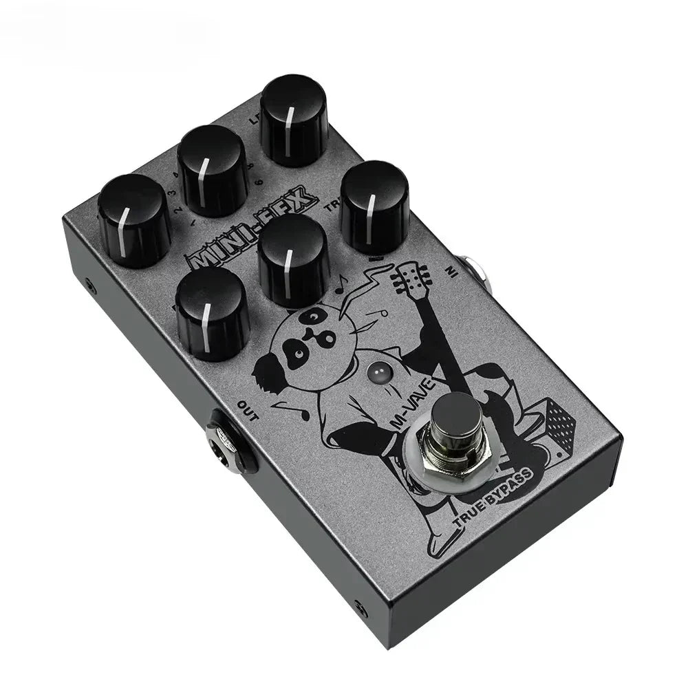 Silver metal m-vave mini-efx guitar multi-effect pedal with true bypass distortion overdrive three-band eq and panda graphic