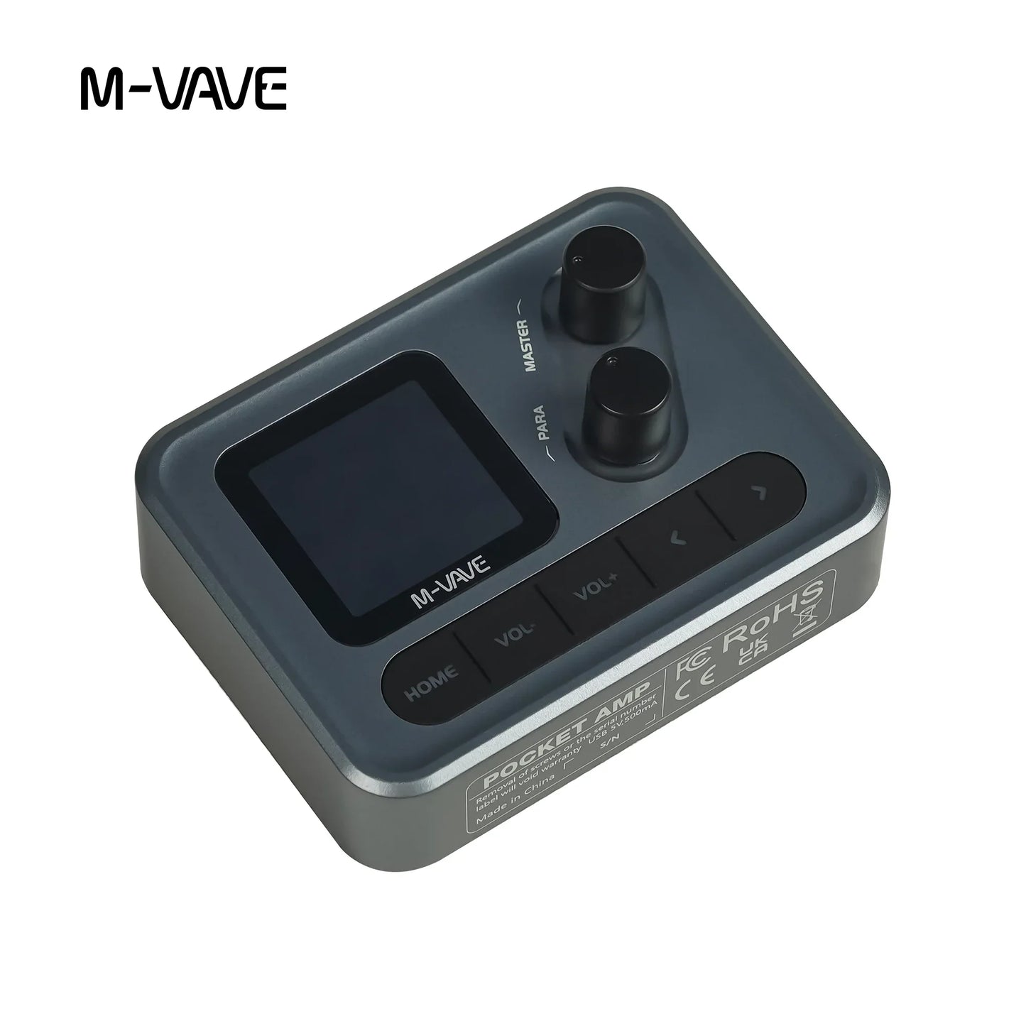 M-vave mini pocket guitar bass amp in black and silver with master and para knobs and lcd screen desktop effects processor