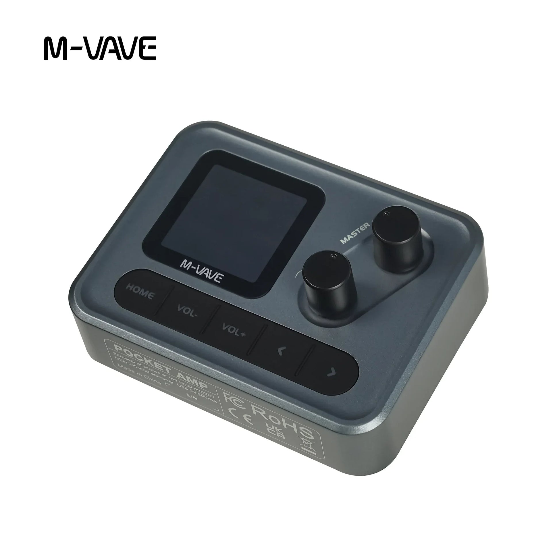 M-vave mini pocket guitar bass amp with gray metallic body, 1.54 inch lcd color screen, and black touchscreen for desktop effects processor