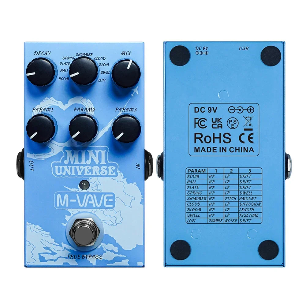 Blue mini universe digital guitar effects pedal with black knobs and world map design for pedal room shimmer and spring reveb effect