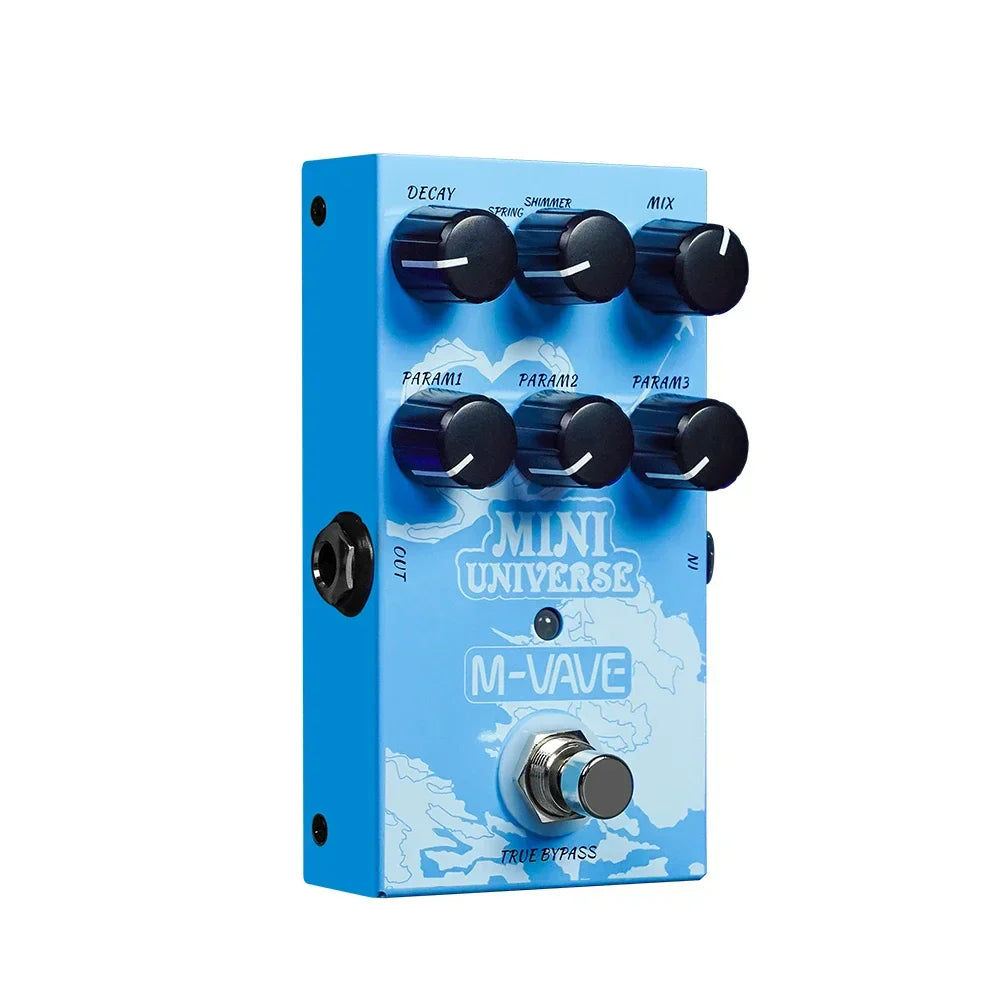 Blue mini universe digital guitar pedal with black knobs and world map design featuring pedal room shimmer and spring reveb effect