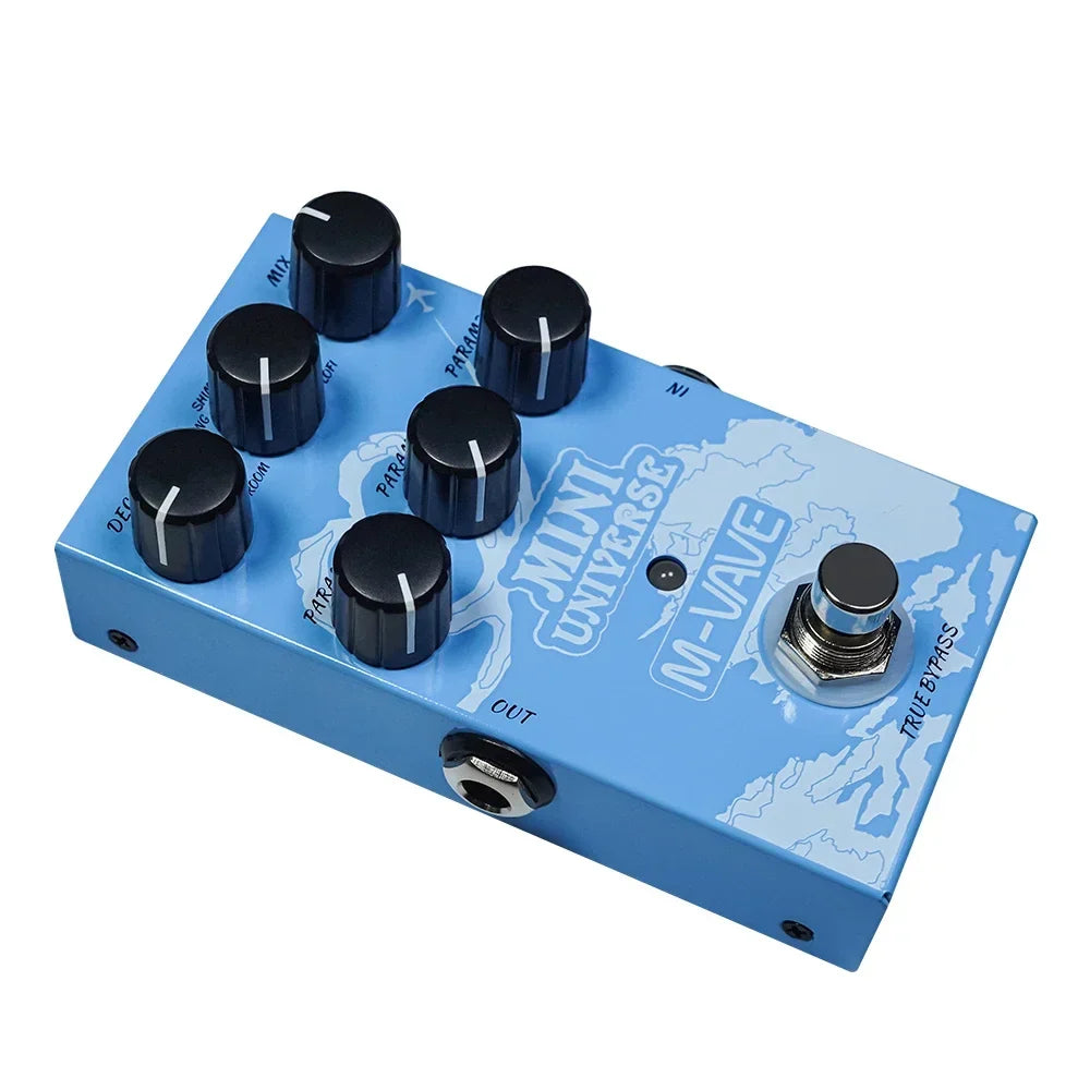 Light blue mini universe digital m-vave guitar effects pedal with black knobs and world map design for pedal room shimmer spring reveb effect