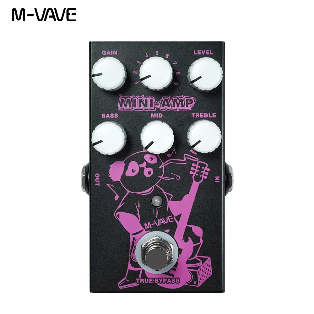 Black m-vave mini universe guitar effects pedal with pink cartoon design and white knobs for live studio reverb bass signal chain room shimmer