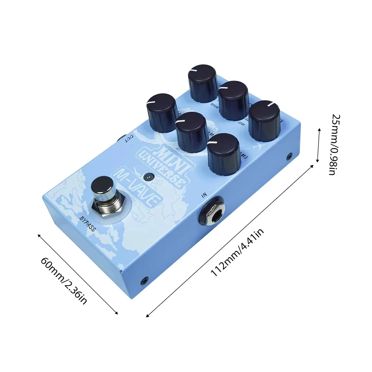 Light blue mini universe m-vape guitar effects pedal with six black knobs and power supply interfaces for reverb use
