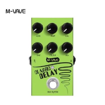 Bright lime green m-wave classic delay guitar effects pedal with black knobs silver footswitch and optimized power supply interfaces