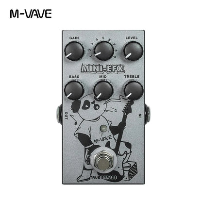 Silver m-vave mini universe guitar effects pedal with cartoon panda, black knobs, white markings, and power supply interfaces