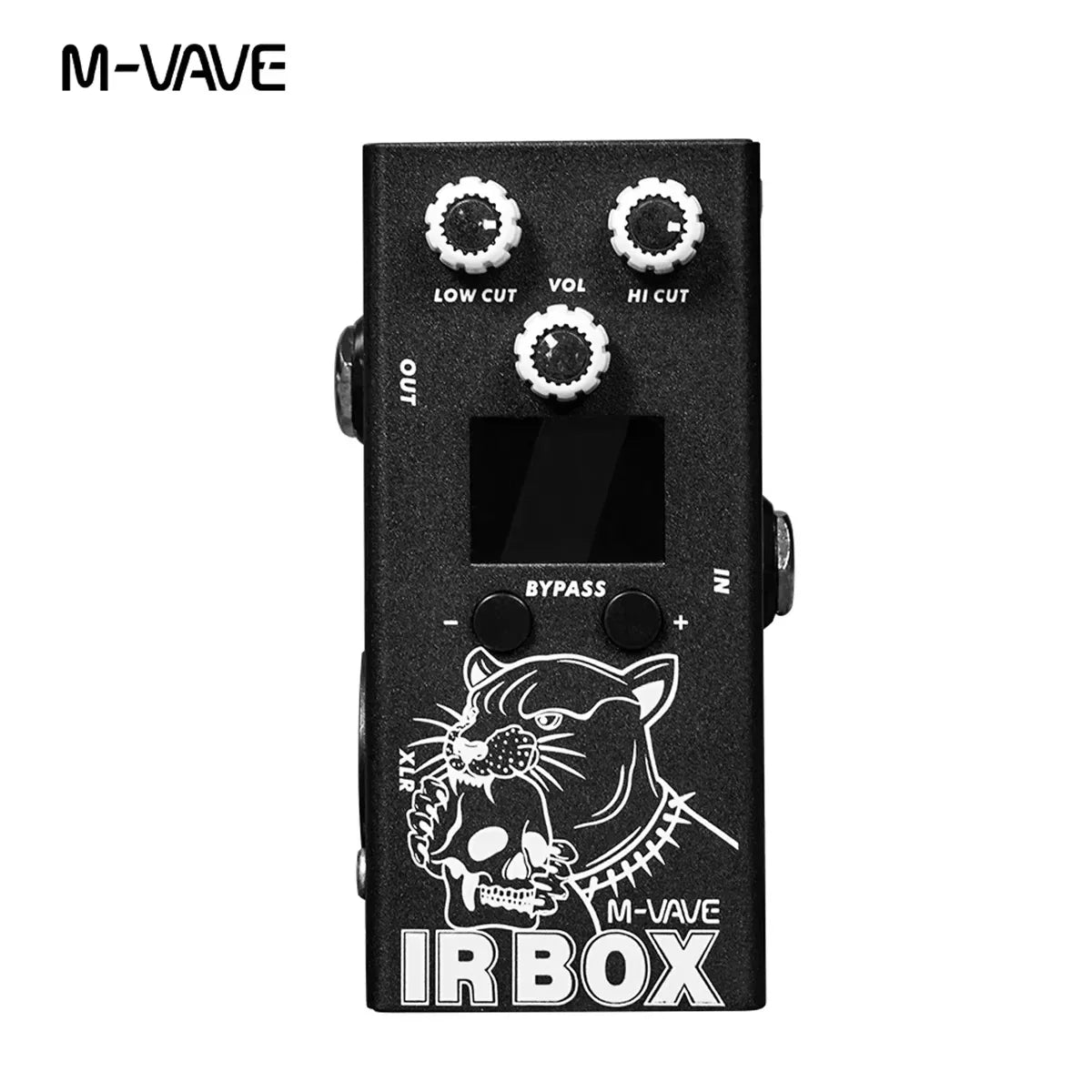 Black m-vave mini universe guitar effects pedal with panther skull graphic and three knobs featuring power supply interfaces