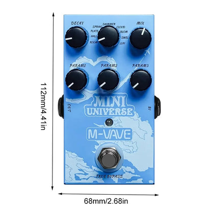Blue m-vave mini universe guitar effects pedal with world map design and black knobs featuring power supply interfaces