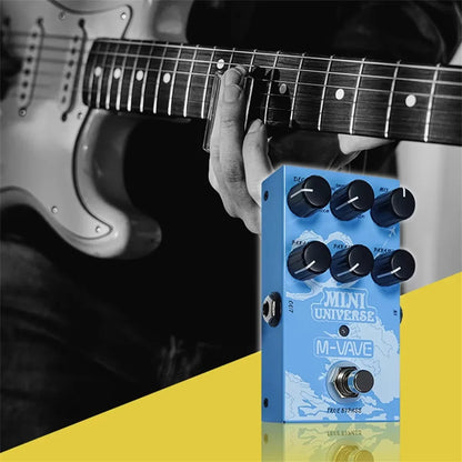 Blue m-vave mini universe guitar effects pedal with black knobs and world map design featuring power supply interfaces