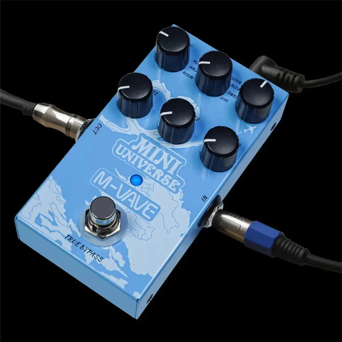 Light blue m-vave mini universe guitar effects pedal with black knobs and silver footswitch for live studio reverb and bass signal chain