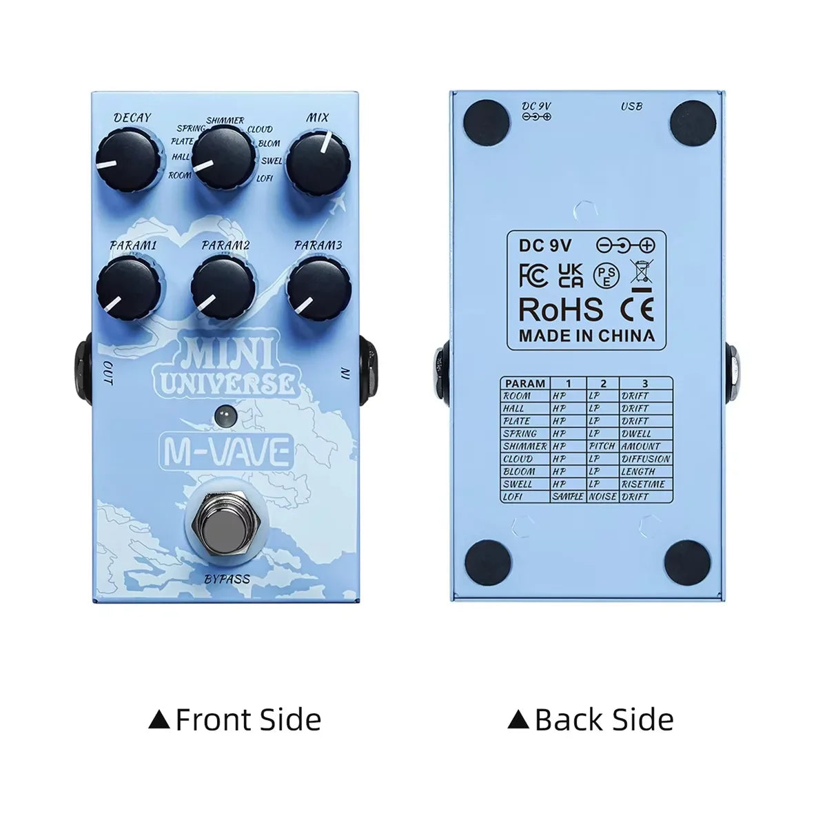 Light blue mini universe m-wave guitar effects pedal with black knobs and world map design featuring power supply interfaces