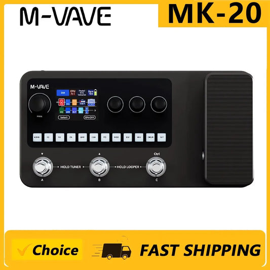 Black m-vave mk-20 effect pedal with color touchscreen and control knobs for bass multi-function effects and loop function