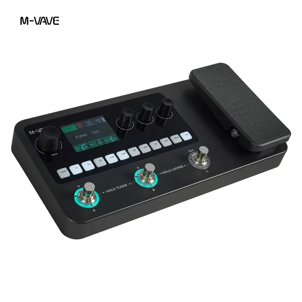 Black m-vave mk-20 effect pedal with digital display, multiple knobs, footswitches bass multi-function effects and loop function