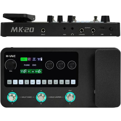 Black m-vave mk-20 effect pedal for guitar and bass featuring teal knobs, digital display, loop function, and multiple ports