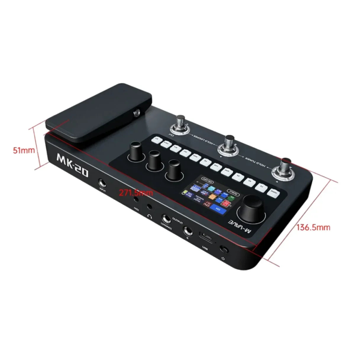 Black mk-20 multi-effects processor with color touchscreen foot pedal featuring drum machine tuner looper amp simulator usb