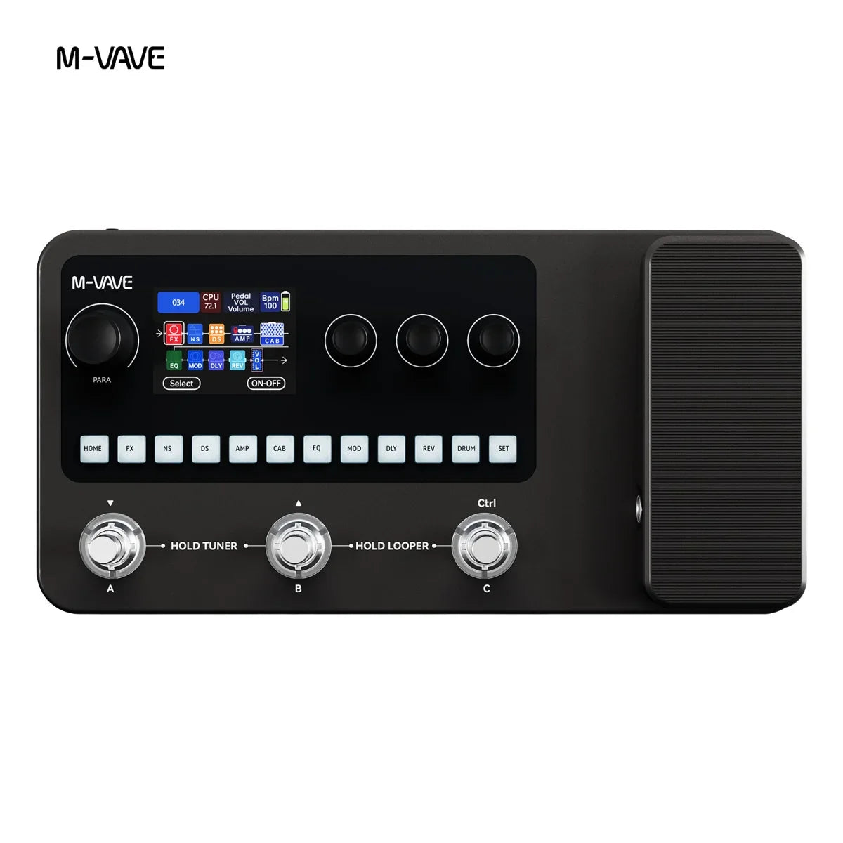 Black m-vave mk-20 multi-effects processor for guitar and bass with digital display, knobs, buttons, and USB interface