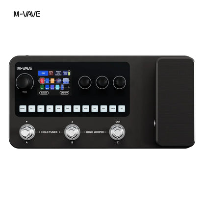 Black m-vave mk-20 multi-effects processor for guitar and bass with digital display, knobs, buttons, and USB interface