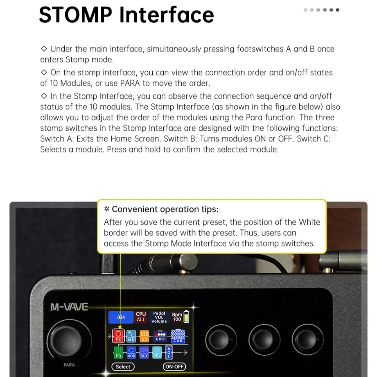 Black m-vave mk-20 multi-effects processor for guitar and bass with illuminated touchscreen and circular control knobs