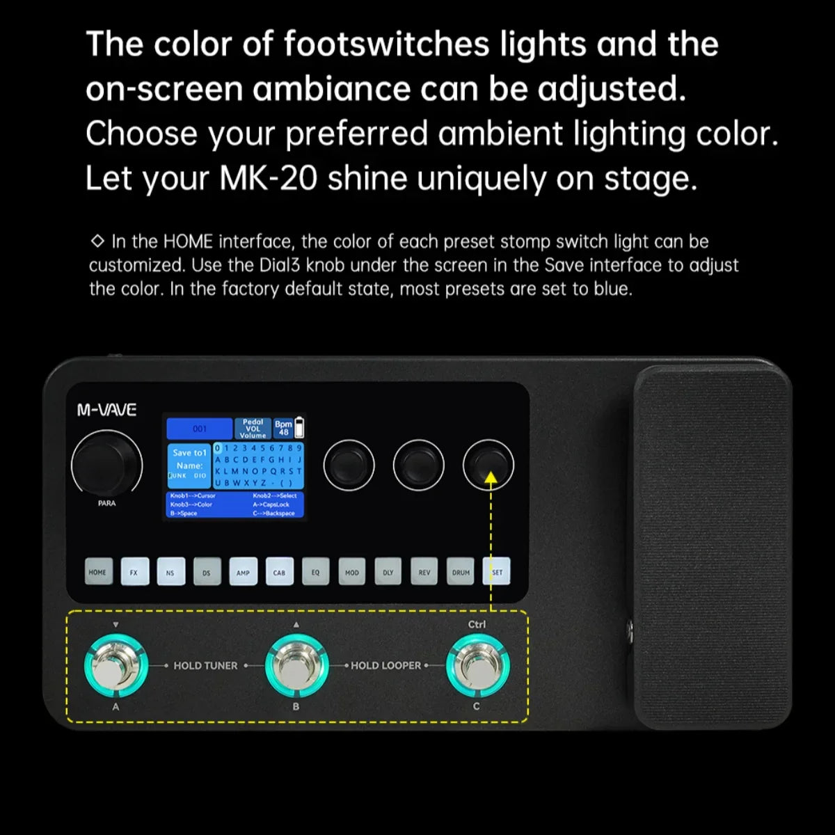 Black m-wave mk-20 multi-effects processor for guitar and bass with digital display, teal footswitches, and textured speaker grille