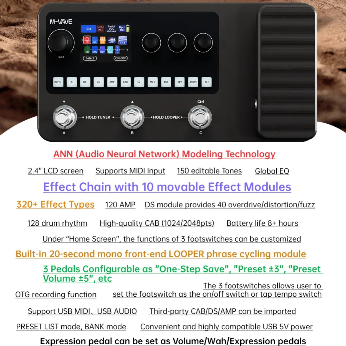 Black m-wave mk-20 multi-effects processor for guitar and bass with 2.4 inch lcd screen and three silver control knobs