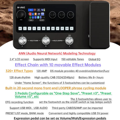 Black m-wave mk-20 multi-effects processor for guitar and bass with 2.4 inch lcd screen and three silver control knobs