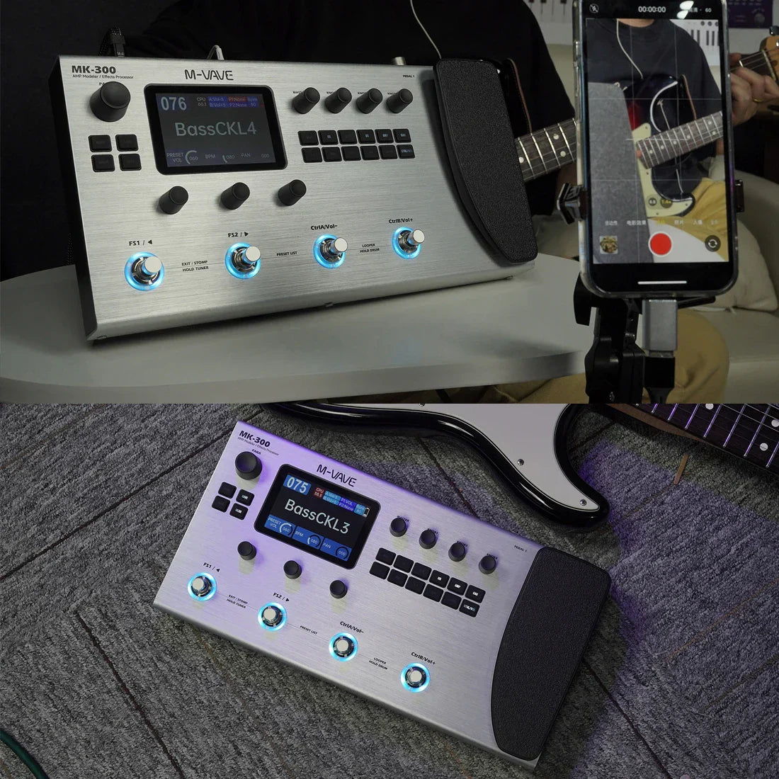 Silver m-vave mk-300 processor pedal 150s with blue-lit knobs and digital display for guitar and bass effects