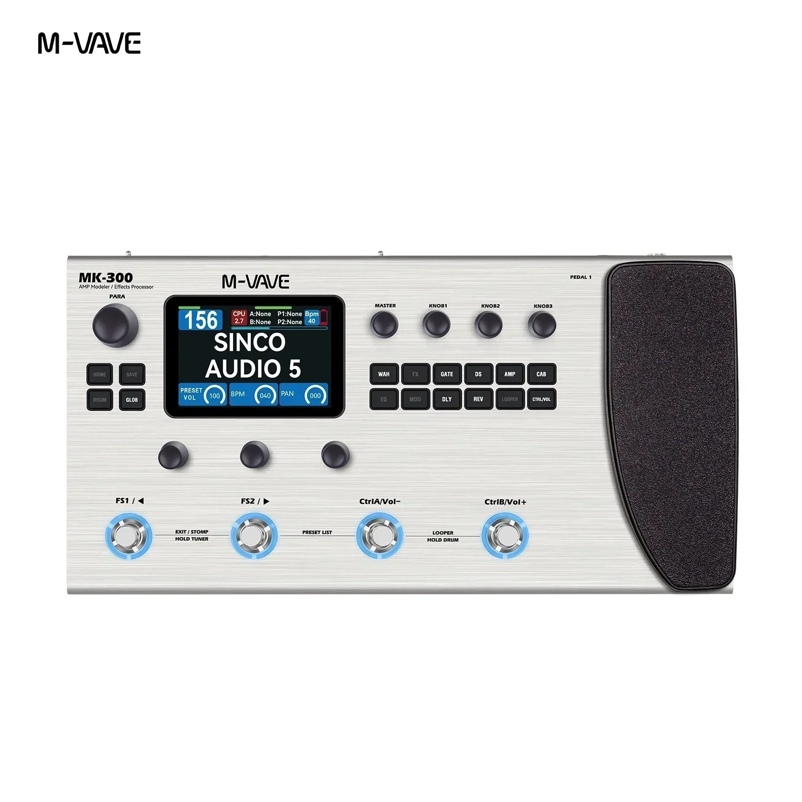 Silver m-vave mk-300 electric guitar multi-effects processor 150s looper with brushed metal finish and battery ann pedal