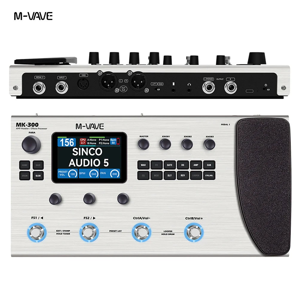 M-vave mk-300 silver and black guitar bass multi-effect processor pedal with ann neural modeling 120amp and drum midi daw display