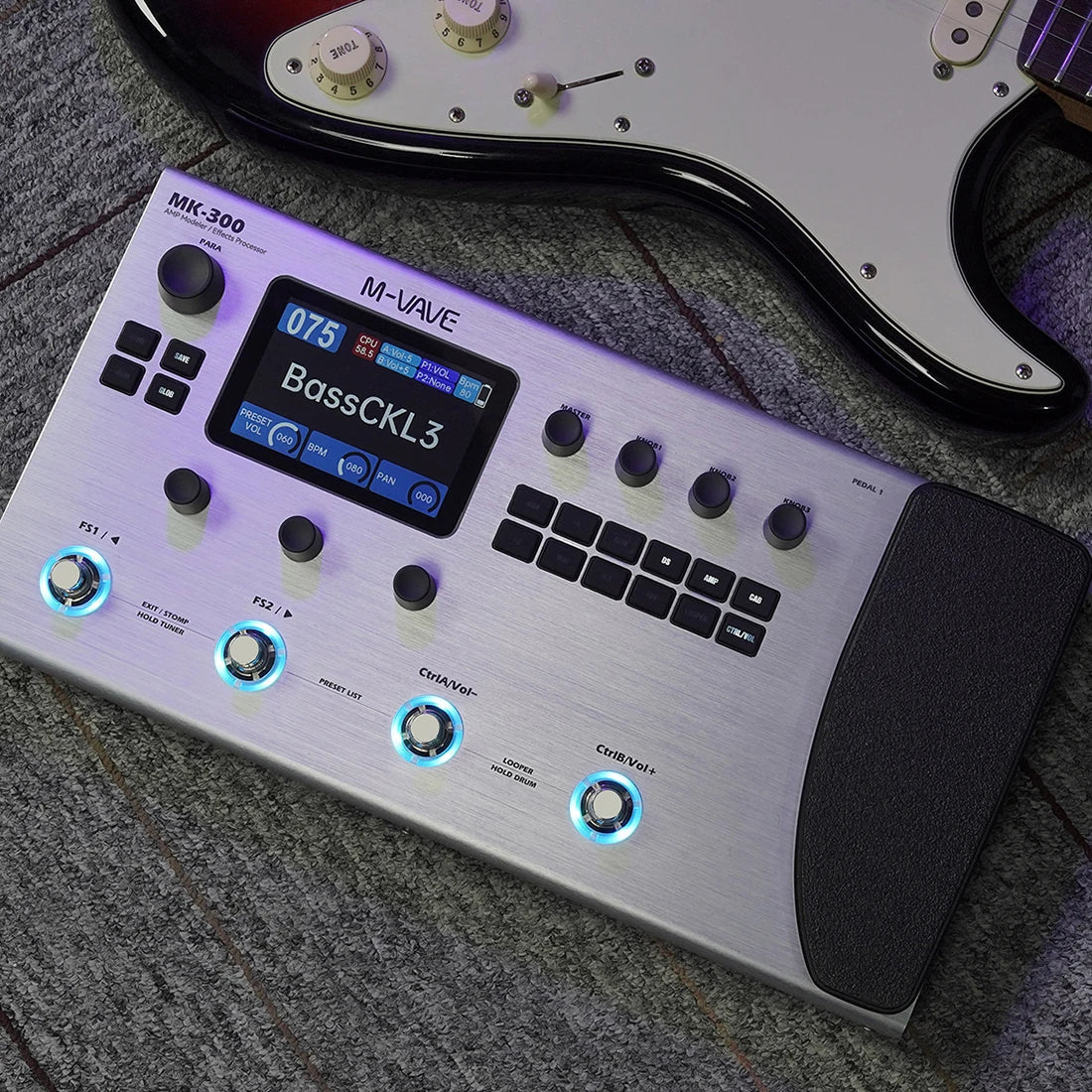 Silver m-vave mk-300 bass effects processor pedal with ann neural modeling and illuminated control knobs digital display