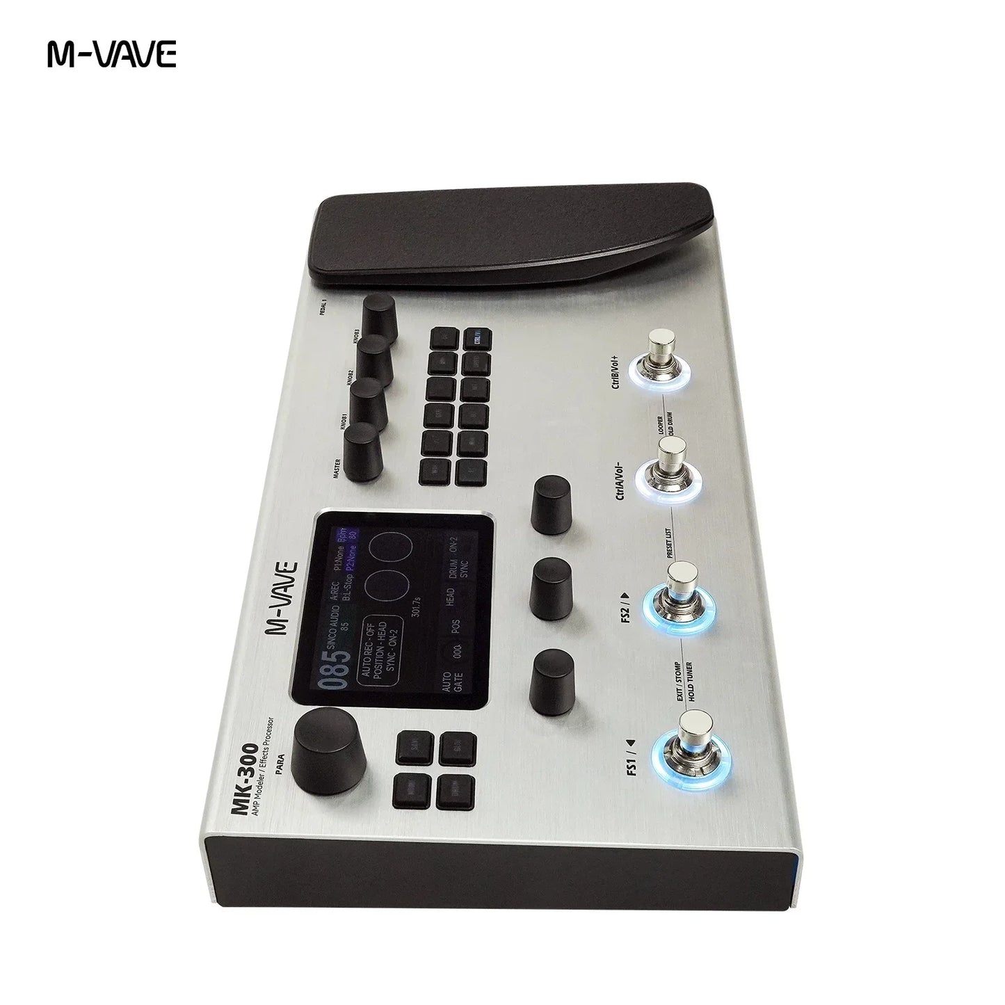 M-vave mk-300 guitar multi-effect processor with silver metal body blue led rings rechargeable effect pedal120amp